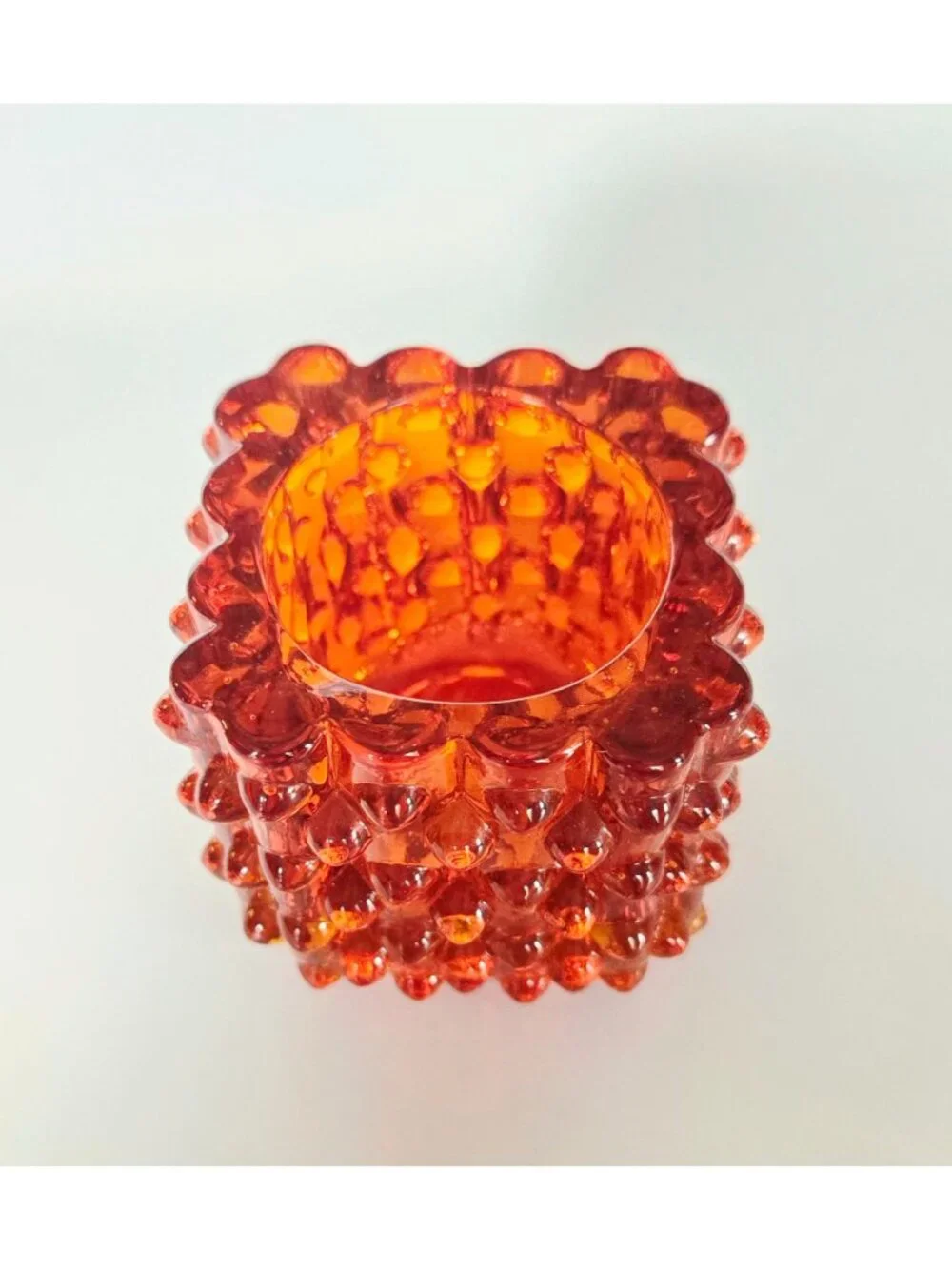 Mid-Century Fenton Glass Red, Amberina Glass Hobnail Candle Holder 2.5